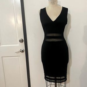 Black V Neck Illusion Mesh Midi Dress